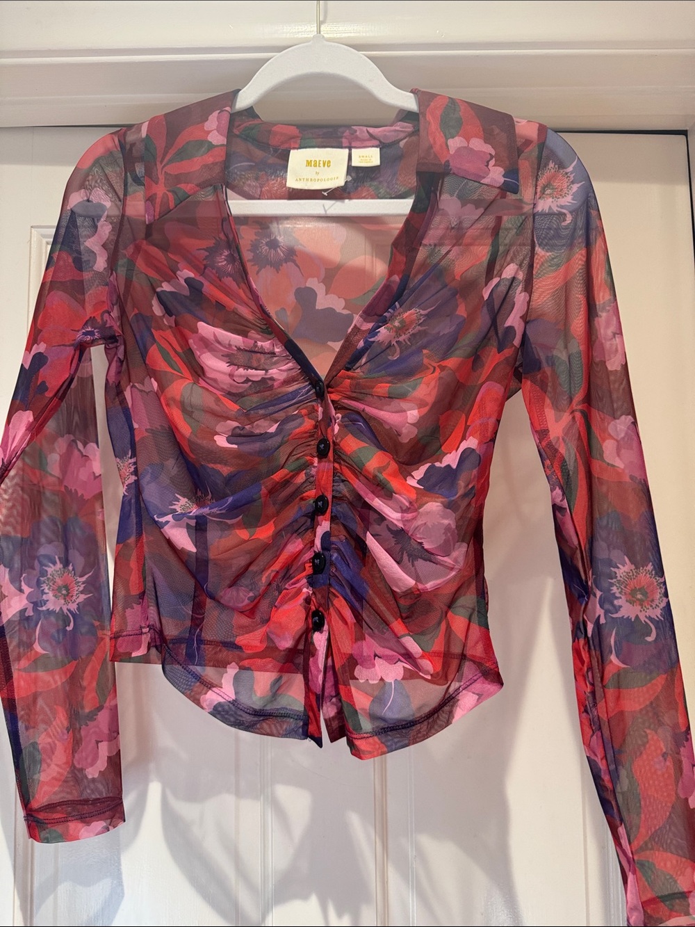 Maeve Sheer Floral Ruched Button-Front Blouse in Red, Pink, Purple